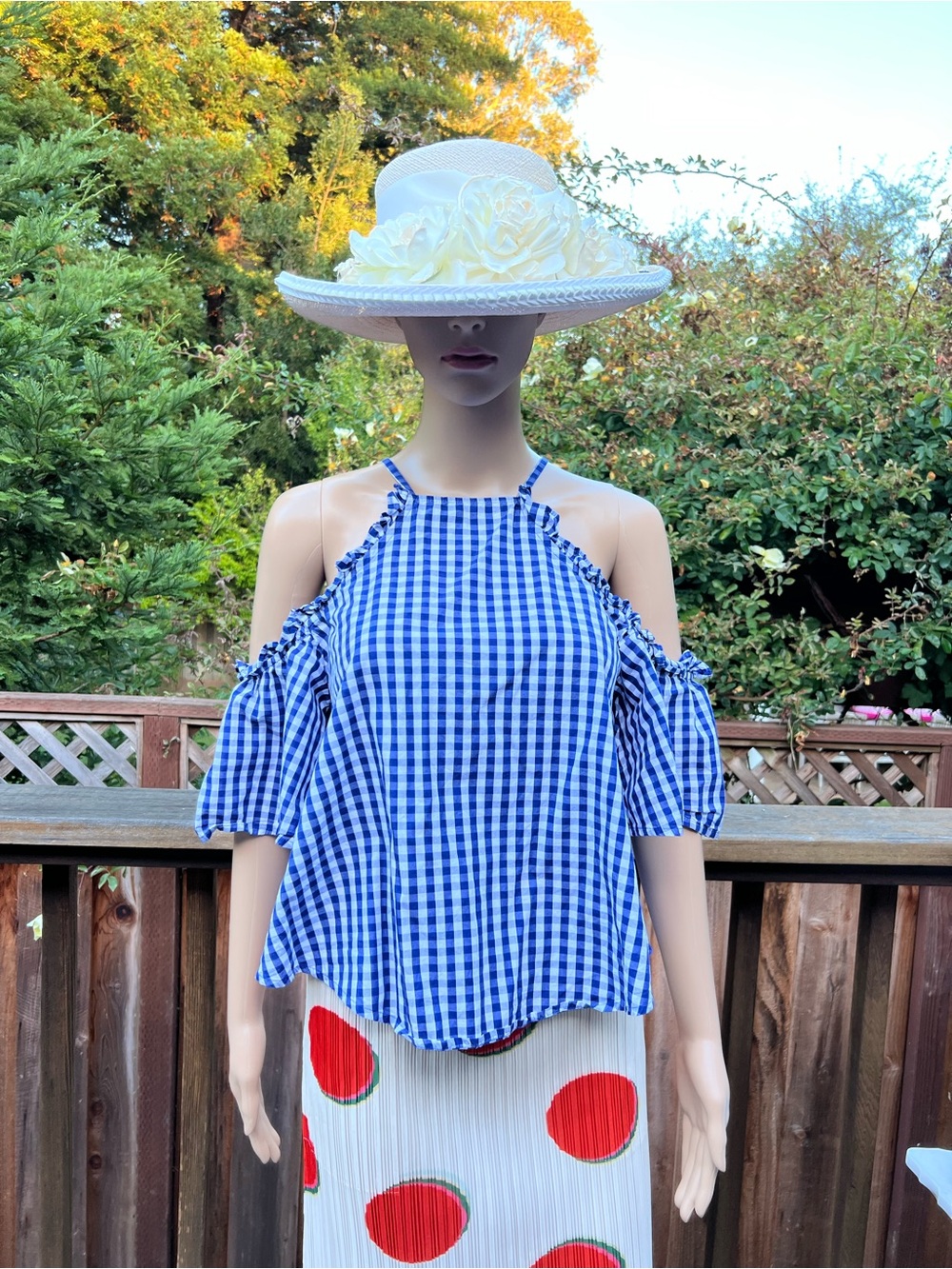 Abound Blue Gingham Cold-Shoulder Halter Top